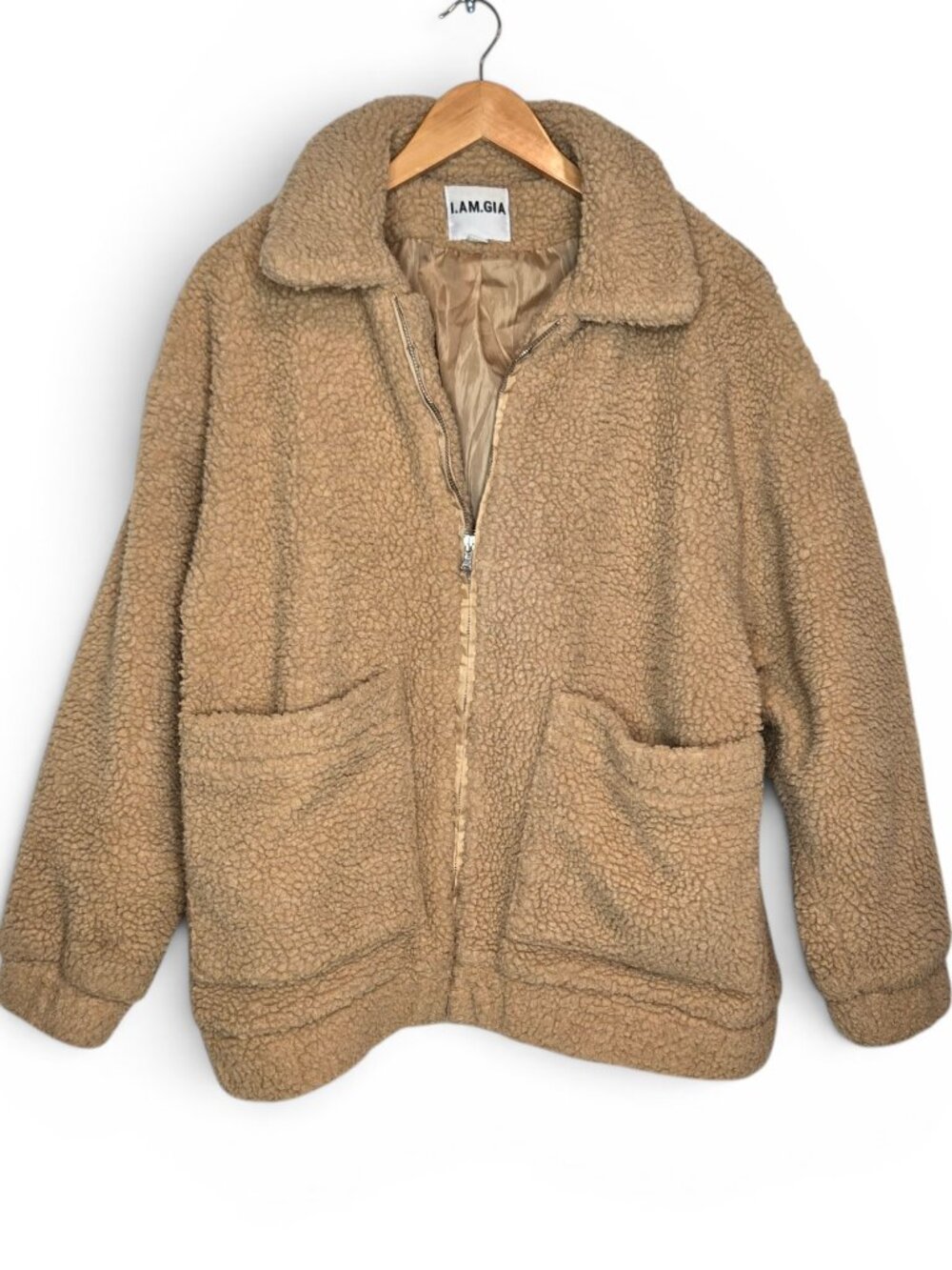I.AM.GIA Sherpa Pixie Oversized Coat Womens Tan Chunky Full Zip Vegan XS